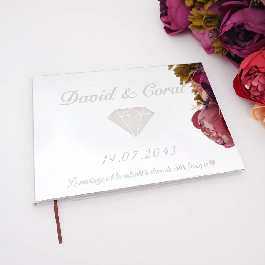 Horizontal Style Personalized Acrylic Mirror Diamond Design Cover Wedding Signature Guestbook Custom Check in Book