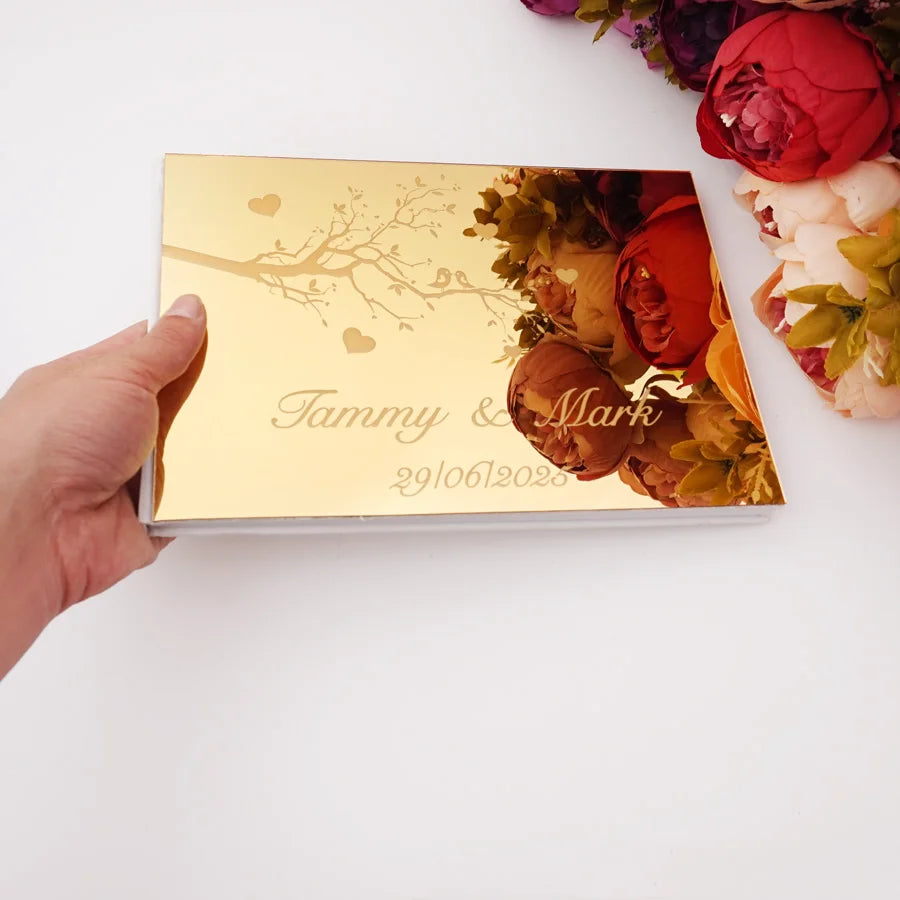 25x18cm Horizontal Style Personalized Acrylic Mirror Heart Tree Design Cover Wedding Signature Guestbook Custom Check in Book