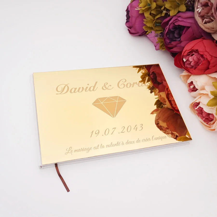 Horizontal Style Personalized Acrylic Mirror Diamond Design Cover Wedding Signature Guestbook Custom Check in Book