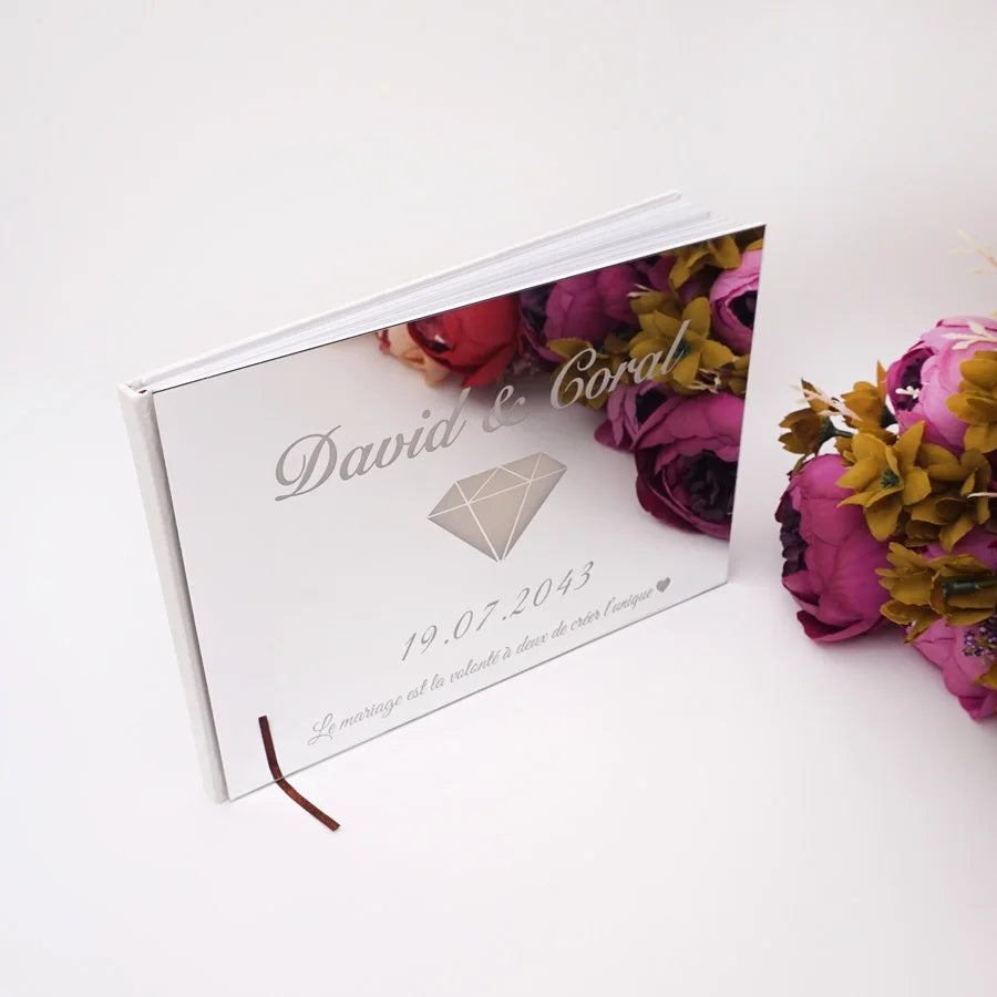 Horizontal Style Personalized Acrylic Mirror Diamond Design Cover Wedding Signature Guestbook Custom Check in Book