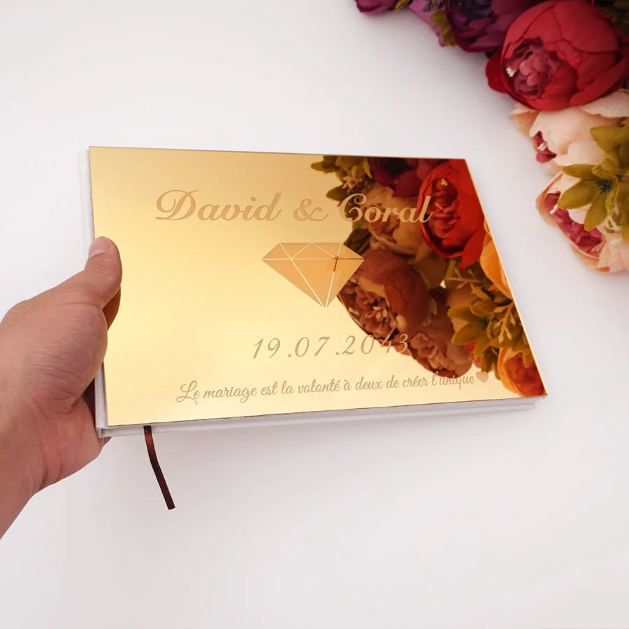 Horizontal Style Personalized Acrylic Mirror Diamond Design Cover Wedding Signature Guestbook Custom Check in Book