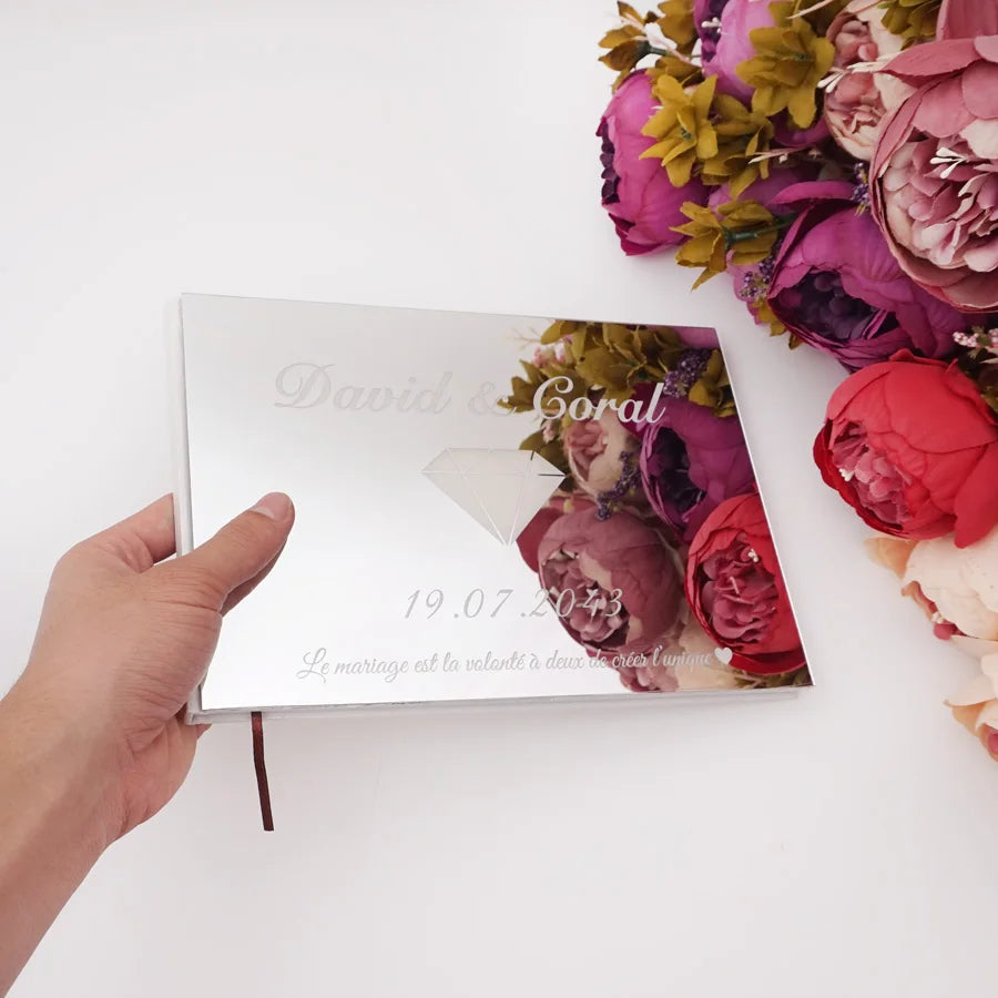 Horizontal Style Personalized Acrylic Mirror Diamond Design Cover Wedding Signature Guestbook Custom Check in Book