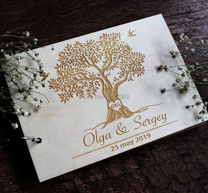 Personalized Wedding Guest Book, Wedding Photo Album Gift Custom Bride & Groom Wooden Kraft Guest Book