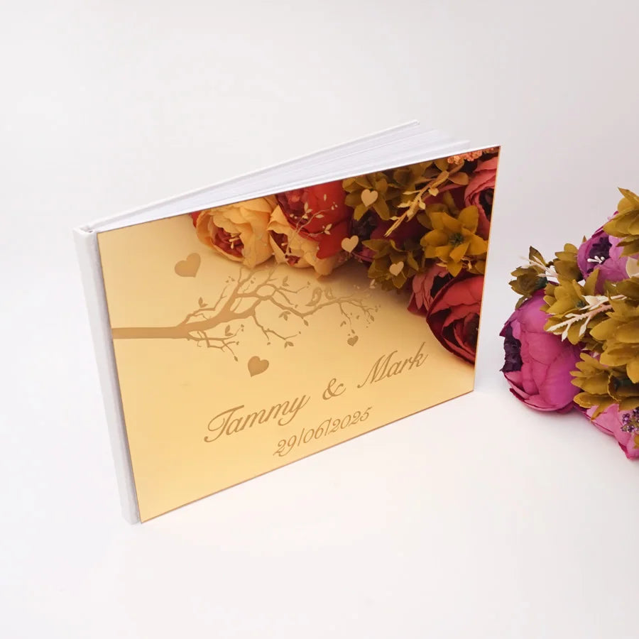 25x18cm Horizontal Style Personalized Acrylic Mirror Heart Tree Design Cover Wedding Signature Guestbook Custom Check in Book