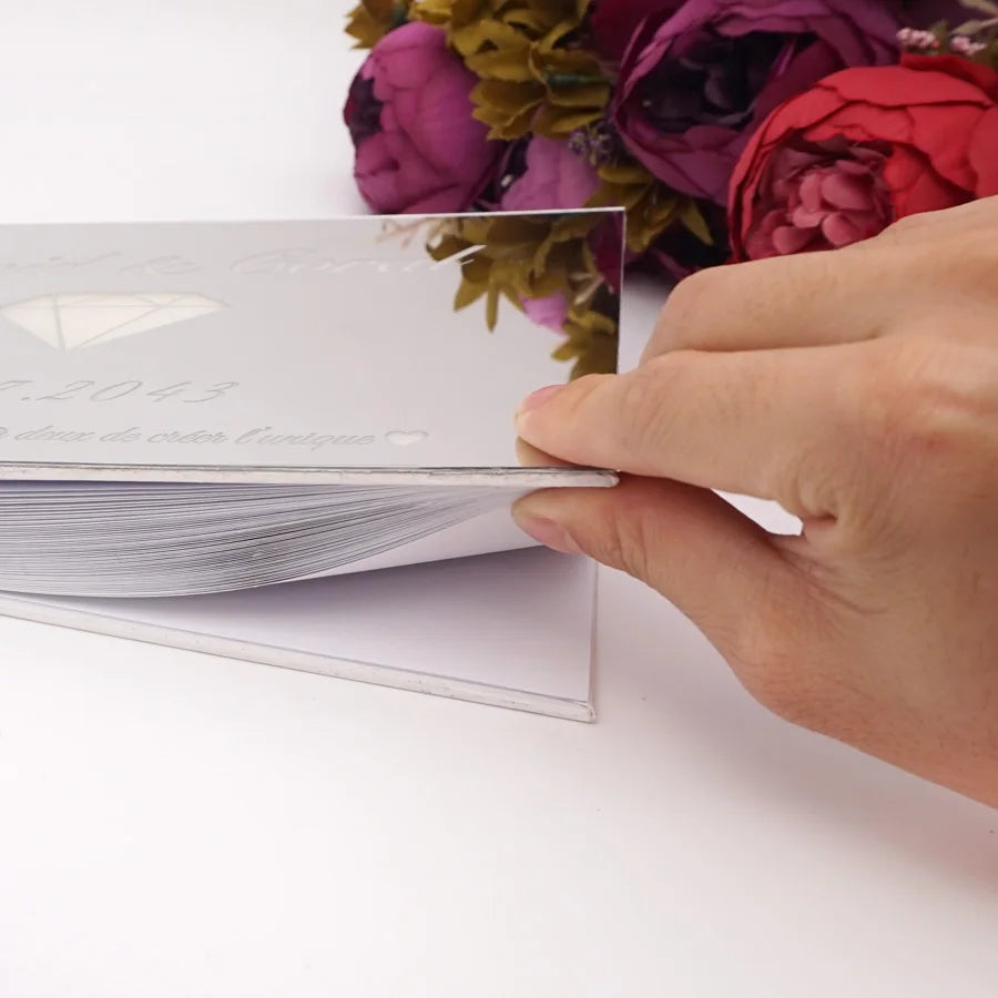 Horizontal Style Personalized Acrylic Mirror Diamond Design Cover Wedding Signature Guestbook Custom Check in Book