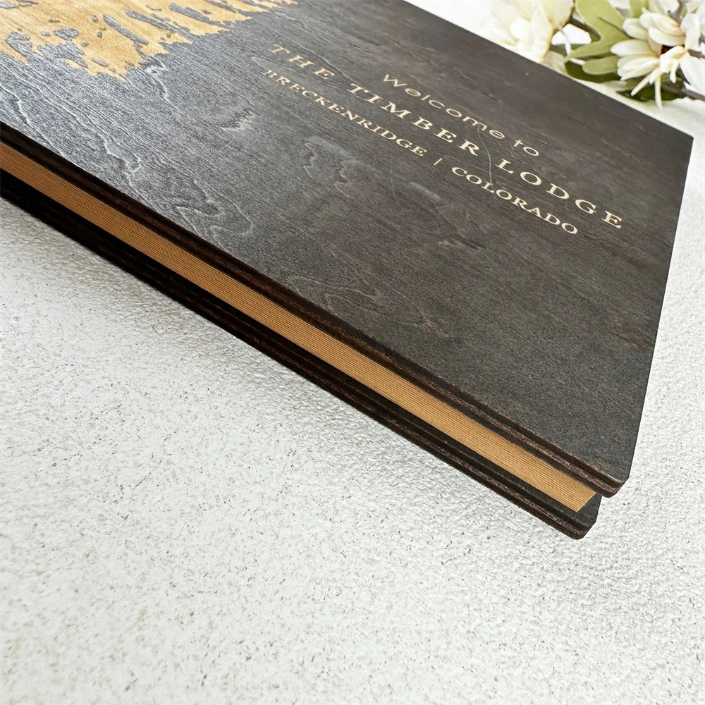 Custom Guest House Guest Book , Mountain Cabin Welcome Book, Personalized Rustic Lodge Or Hotel Wooden Signing Book,  Guest Log