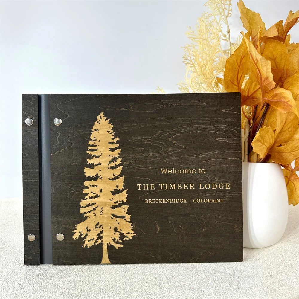 Custom Guest House Guest Book , Mountain Cabin Welcome Book, Personalized Rustic Lodge Or Hotel Wooden Signing Book,  Guest Log