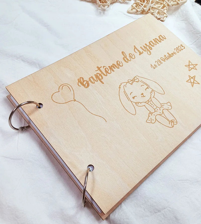Customized Baby Baptism Guestbook，Wooden Guest Book，Personalized Baby Album，Growth Record Book，Gifts for Baby、Newborn，DIY Album