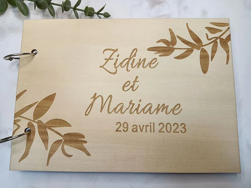 Personalised Engraved "Leaf Design" Wedding Guest Book, Custom Wooden Engagement Guest Book Bridal Favor Gift