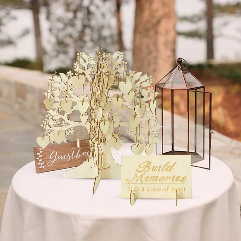 1 Set Wooden Wedding Guestbook for Guests Wood Tree with 100Pcs Wood Heart Chips Sign-in Book Wedding Marriage Decoration