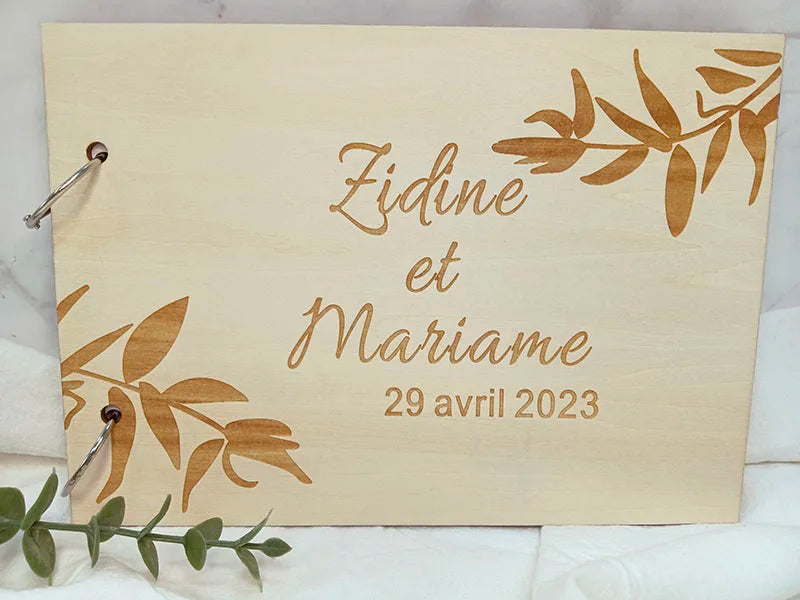 Personalised Engraved "Leaf Design" Wedding Guest Book, Custom Wooden Engagement Guest Book Bridal Favor Gift