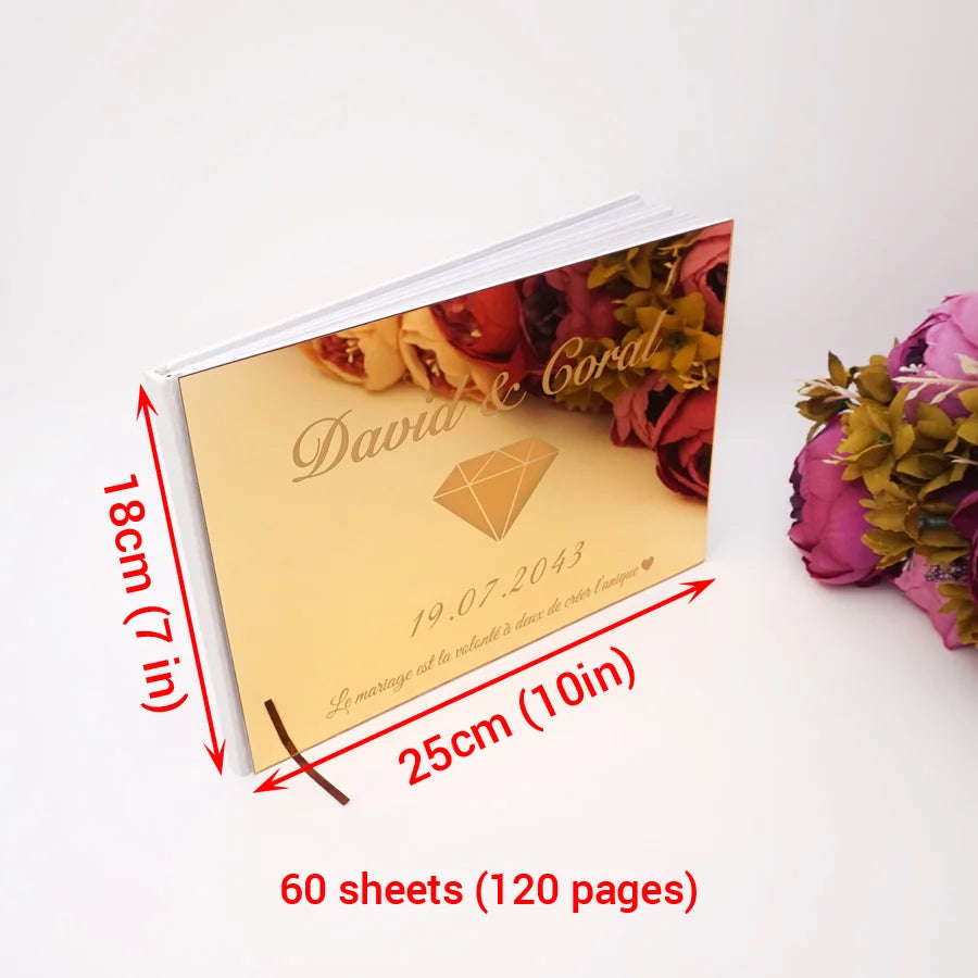 Horizontal Style Personalized Acrylic Mirror Diamond Design Cover Wedding Signature Guestbook Custom Check in Book