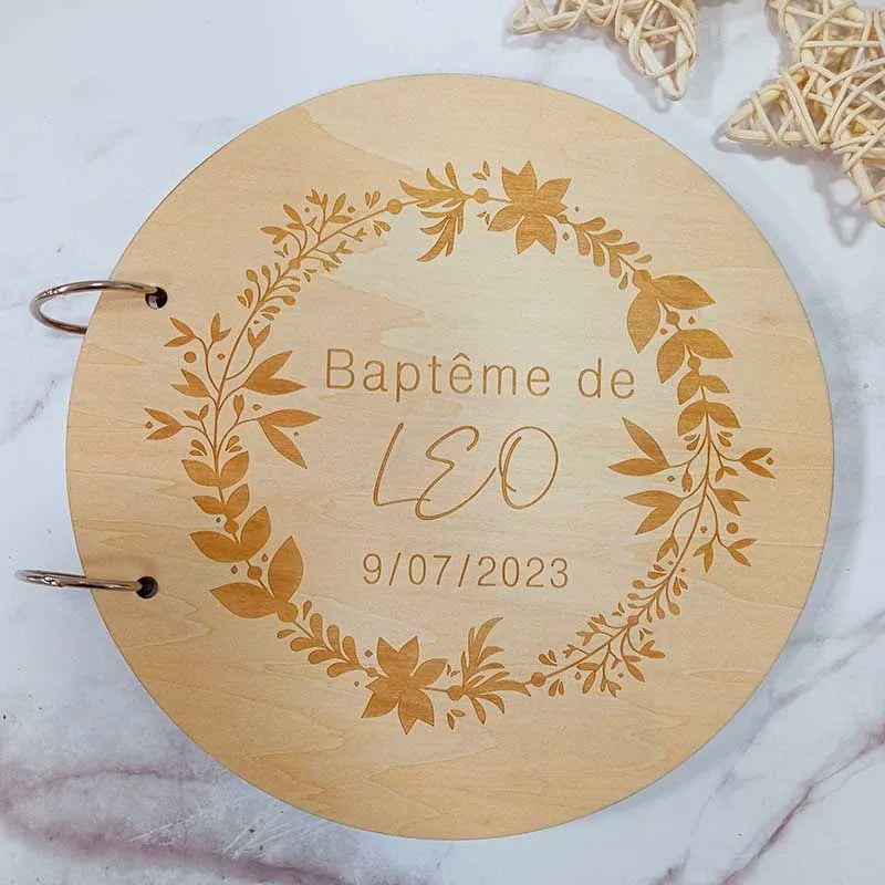 Guestbook for Baby Boy or Girl Wooden DIY Album Gender Reveal Party Decoration Cute Circular Album Customized Name and Date