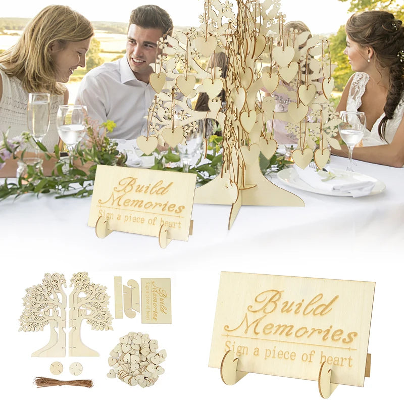 1 Set Wooden Wedding Guestbook for Guests Wood Tree with 100Pcs Wood Heart Chips Sign-in Book Wedding Marriage Decoration