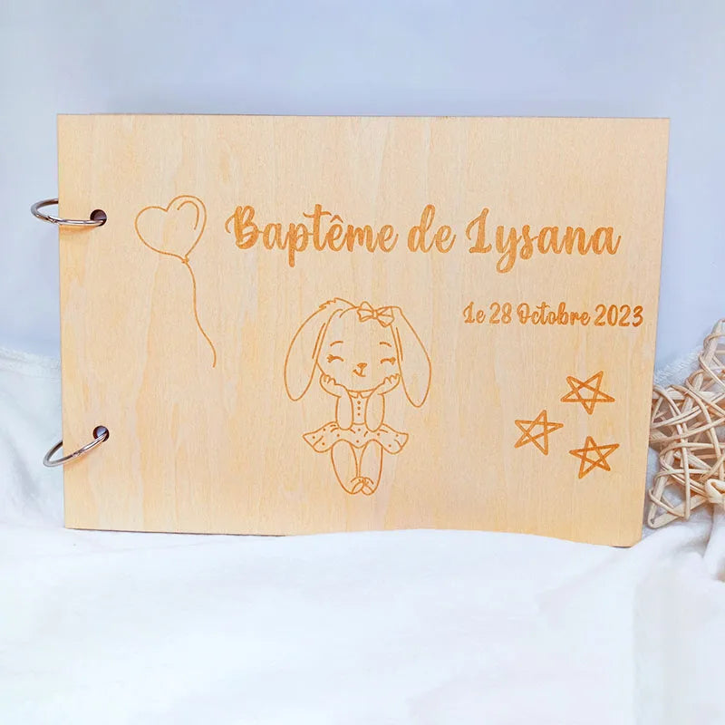 Customized Baby Baptism Guestbook，Wooden Guest Book，Personalized Baby Album，Growth Record Book，Gifts for Baby、Newborn，DIY Album