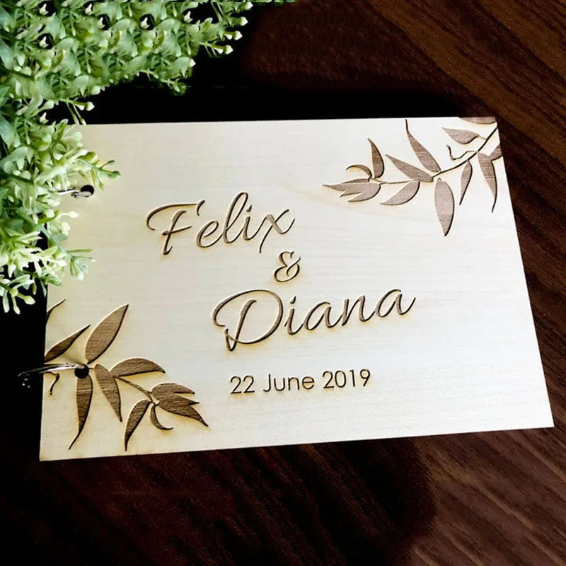 Personalised Engraved "Leaf Design" Wedding Guest Book, Custom Wooden Engagement Guest Book Bridal Favor Gift