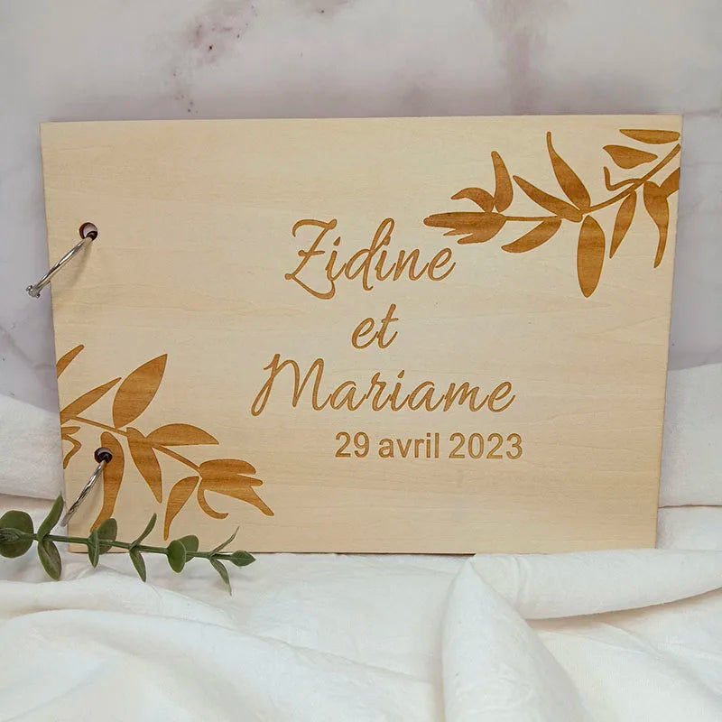 Personalised Engraved "Leaf Design" Wedding Guest Book, Custom Wooden Engagement Guest Book Bridal Favor Gift