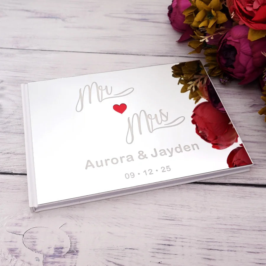 Personalized Custom Engraved Name and Date Cute Red Heart Wedding Signature Guestbook Acrylic Mirror Party Favors