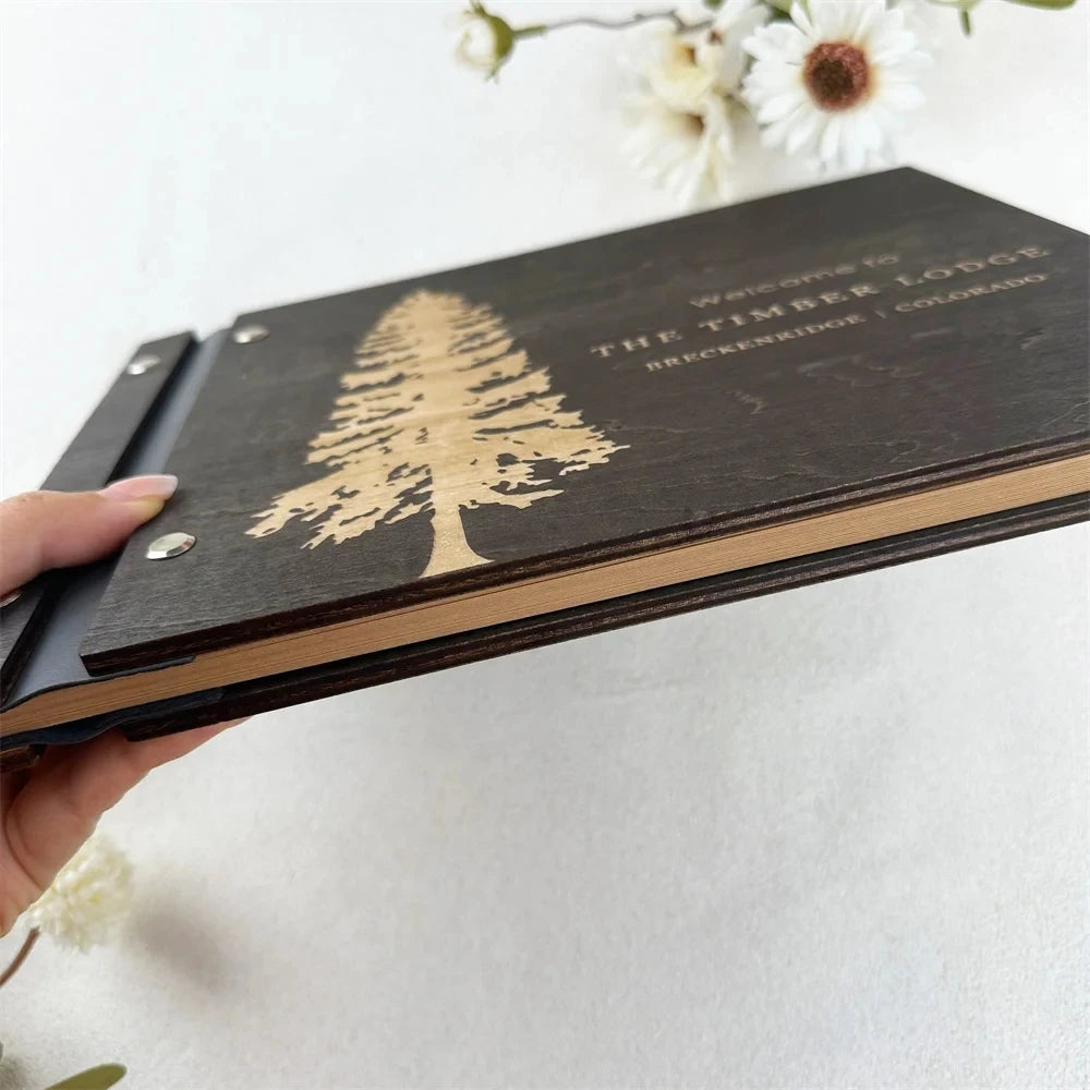 Custom Guest House Guest Book , Mountain Cabin Welcome Book, Personalized Rustic Lodge Or Hotel Wooden Signing Book,  Guest Log