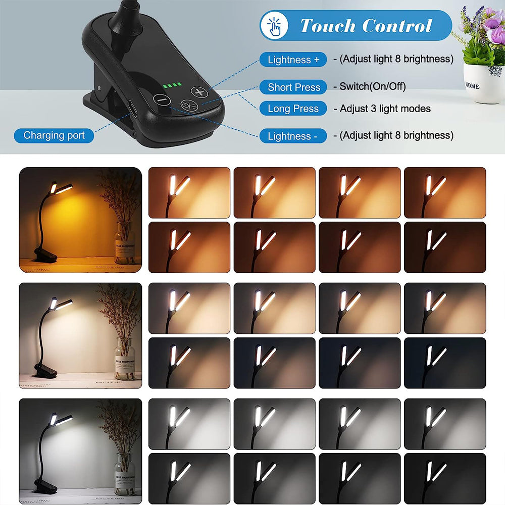14 LED Clip On Book Light 3 Colors 8 Brightness Usb Rechargeable Night Light Portable Reading Light Book Lamp Mini Desk Lamp