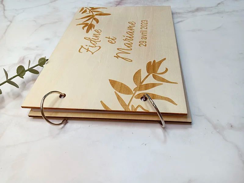 Personalised Engraved "Leaf Design" Wedding Guest Book, Custom Wooden Engagement Guest Book Bridal Favor Gift