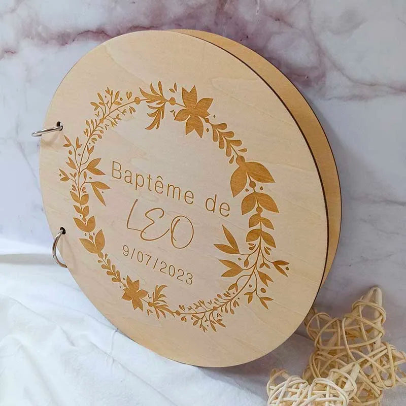 Guestbook for Baby Boy or Girl Wooden DIY Album Gender Reveal Party Decoration Cute Circular Album Customized Name and Date