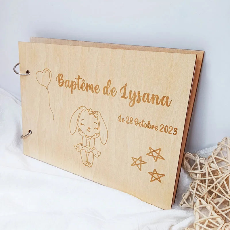 Customized Baby Baptism Guestbook，Wooden Guest Book，Personalized Baby Album，Growth Record Book，Gifts for Baby、Newborn，DIY Album