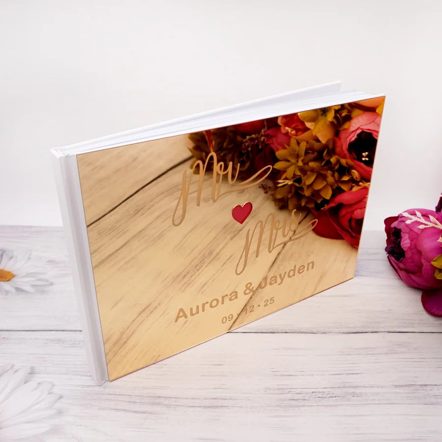 Personalized Custom Engraved Name and Date Cute Red Heart Wedding Signature Guestbook Acrylic Mirror Party Favors