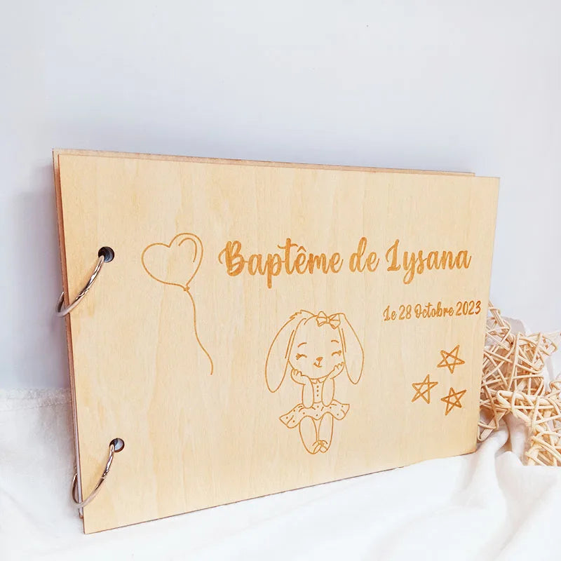 Customized Baby Baptism Guestbook，Wooden Guest Book，Personalized Baby Album，Growth Record Book，Gifts for Baby、Newborn，DIY Album