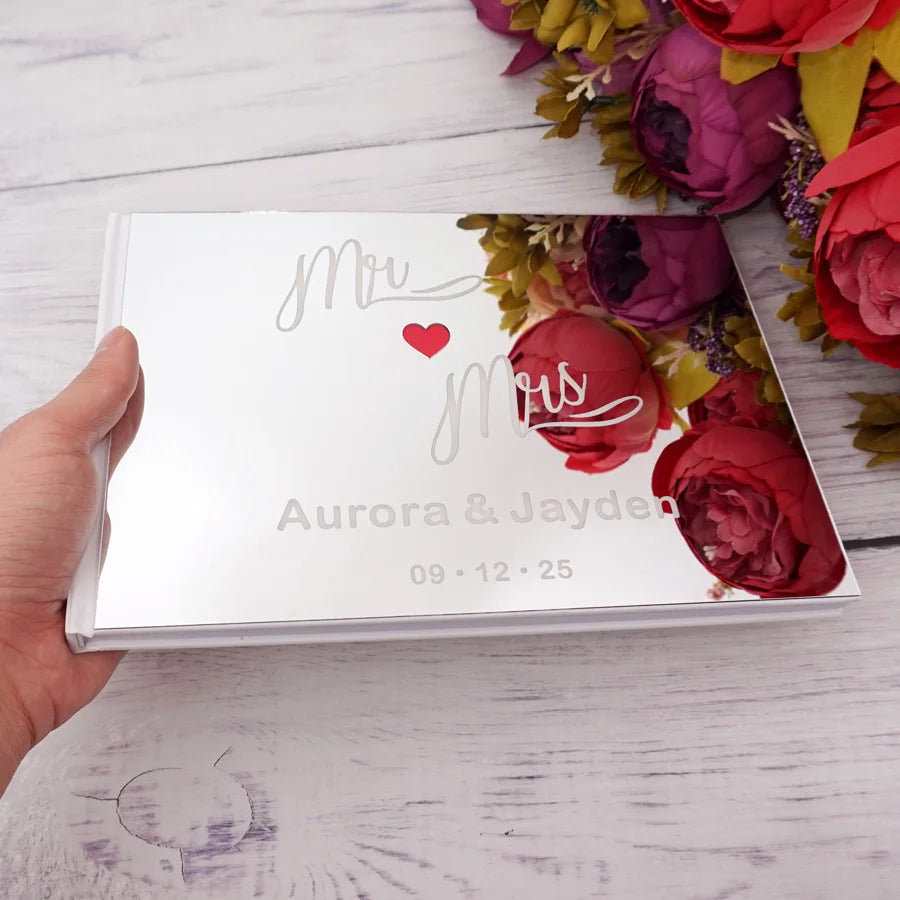 Personalized Custom Engraved Name and Date Cute Red Heart Wedding Signature Guestbook Acrylic Mirror Party Favors