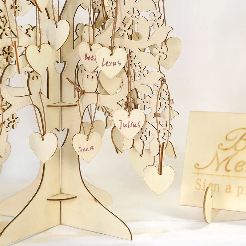 1 Set Wooden Wedding Guestbook for Guests Wood Tree with 100Pcs Wood Heart Chips Sign-in Book Wedding Marriage Decoration