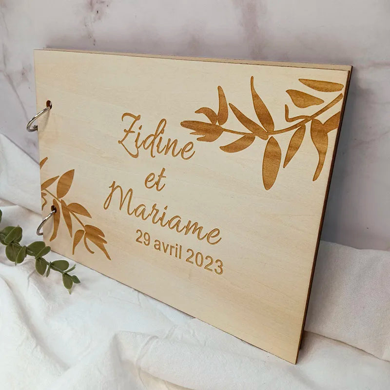 Personalised Engraved "Leaf Design" Wedding Guest Book, Custom Wooden Engagement Guest Book Bridal Favor Gift