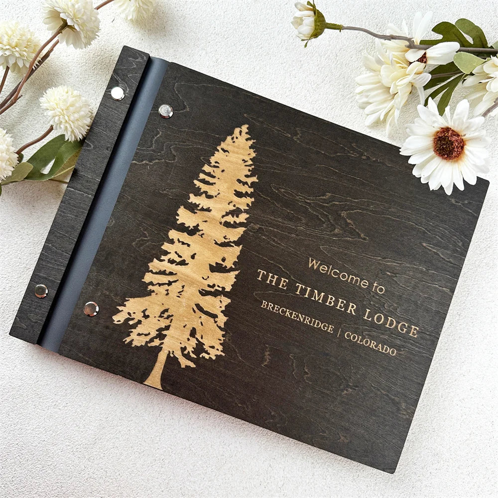 Custom Guest House Guest Book , Mountain Cabin Welcome Book, Personalized Rustic Lodge Or Hotel Wooden Signing Book,  Guest Log