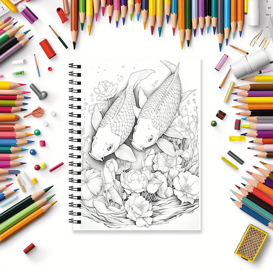 Koi Fish Adult Coloring Book - 8.3x11.2 inches 32 pages - Helps with relaxation and emotional well-being for teens and adults