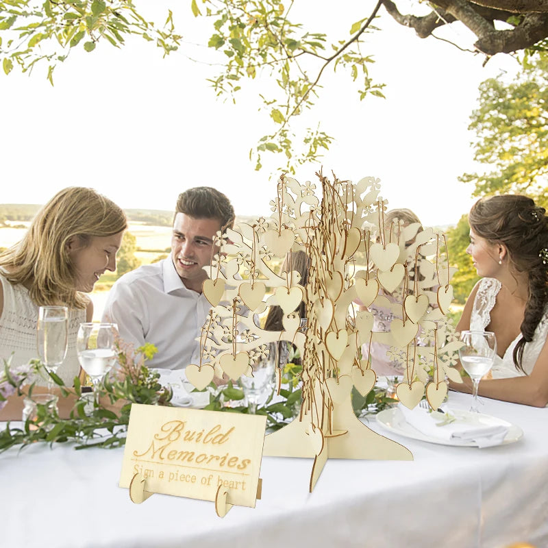1 Set Wooden Wedding Guestbook for Guests Wood Tree with 100Pcs Wood Heart Chips Sign-in Book Wedding Marriage Decoration