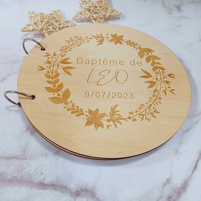Guestbook for Baby Boy or Girl Wooden DIY Album Gender Reveal Party Decoration Cute Circular Album Customized Name and Date
