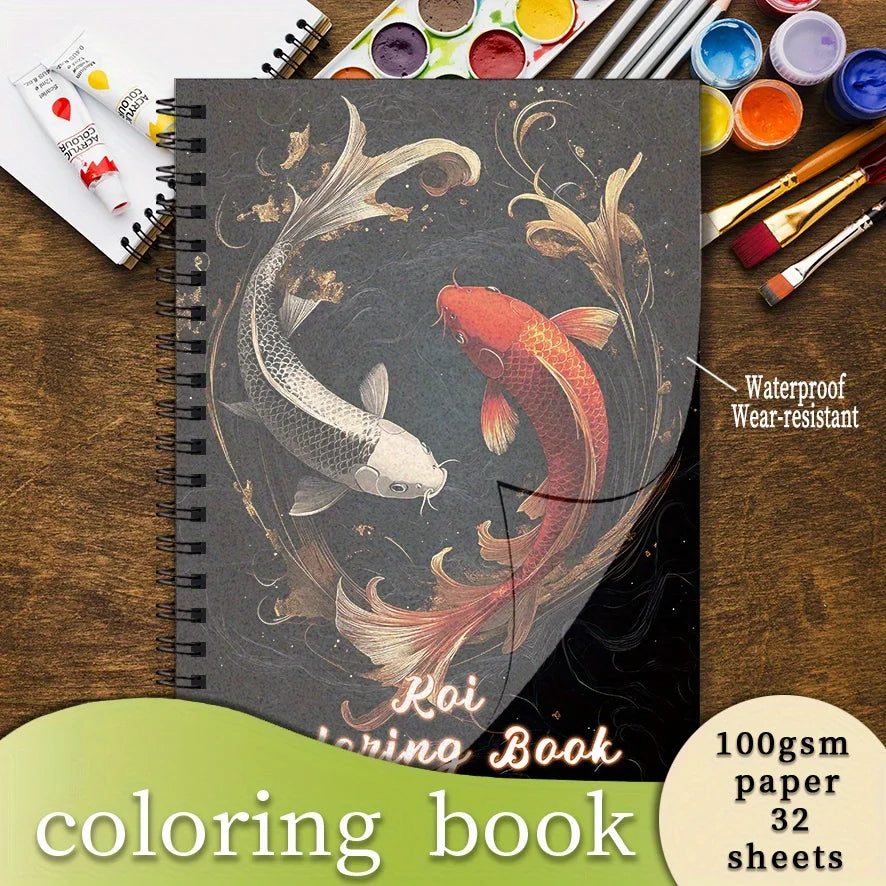 Koi Fish Adult Coloring Book - 8.3x11.2 inches 32 pages - Helps with relaxation and emotional well-being for teens and adults