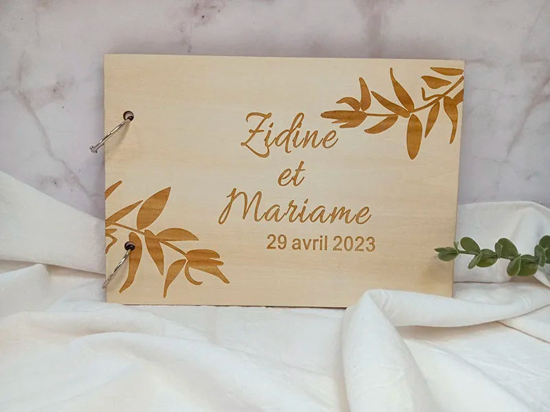 Personalised Engraved "Leaf Design" Wedding Guest Book, Custom Wooden Engagement Guest Book Bridal Favor Gift