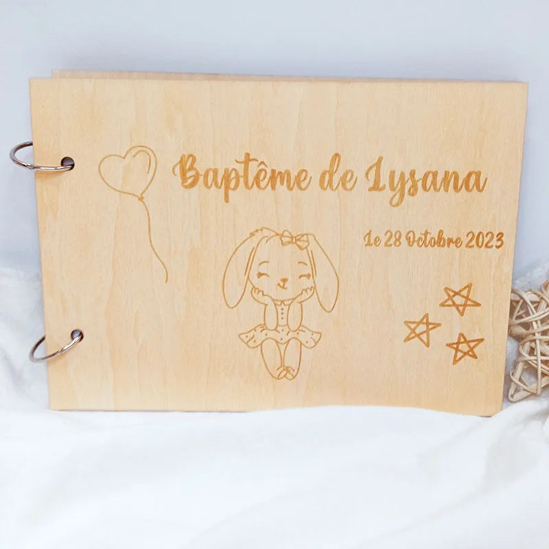 Customized Baby Baptism Guestbook，Wooden Guest Book，Personalized Baby Album，Growth Record Book，Gifts for Baby、Newborn，DIY Album