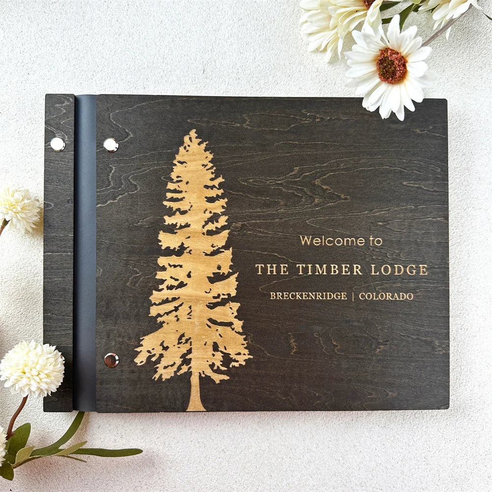 Custom Guest House Guest Book , Mountain Cabin Welcome Book, Personalized Rustic Lodge Or Hotel Wooden Signing Book,  Guest Log