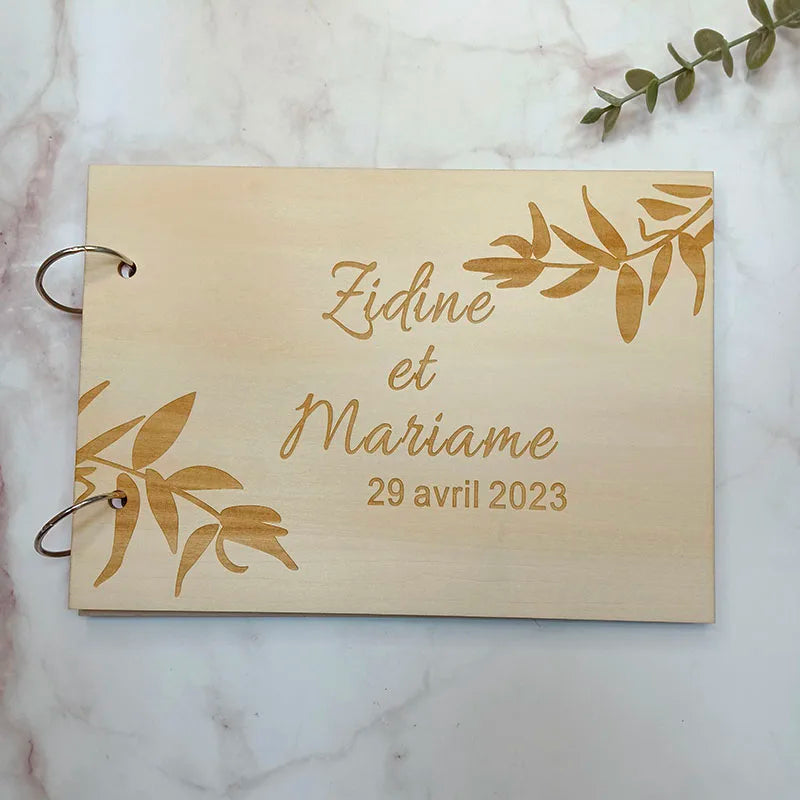 Personalised Engraved "Leaf Design" Wedding Guest Book, Custom Wooden Engagement Guest Book Bridal Favor Gift