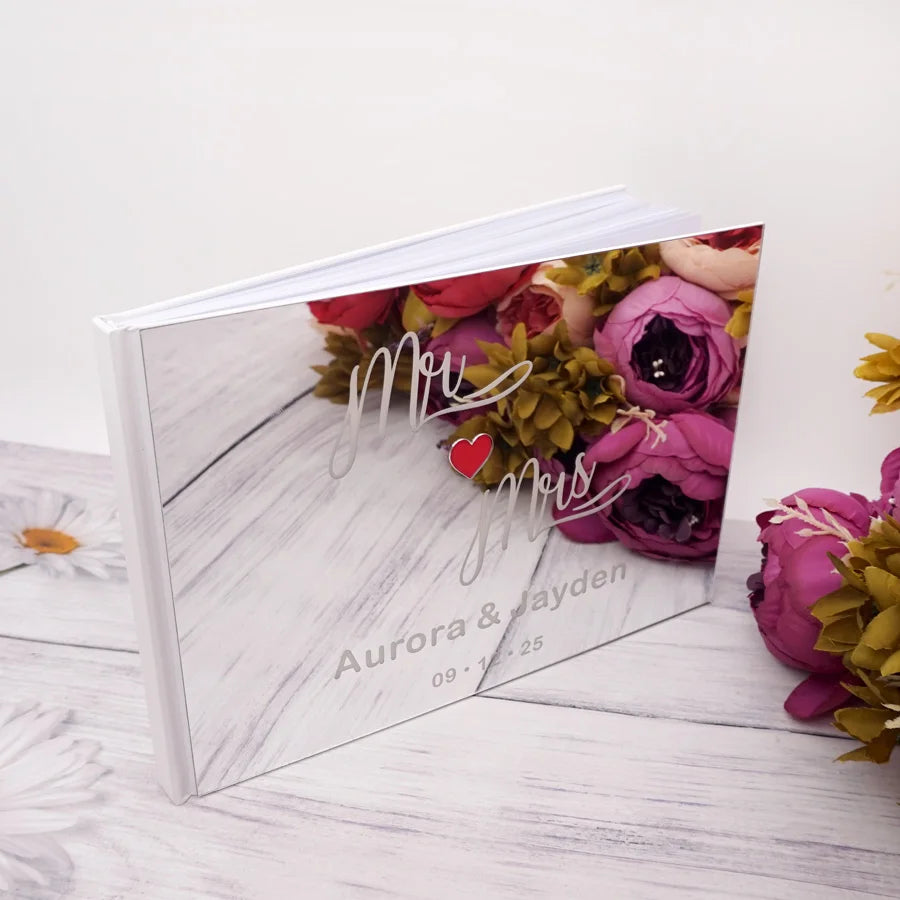 Personalized Custom Engraved Name and Date Cute Red Heart Wedding Signature Guestbook Acrylic Mirror Party Favors