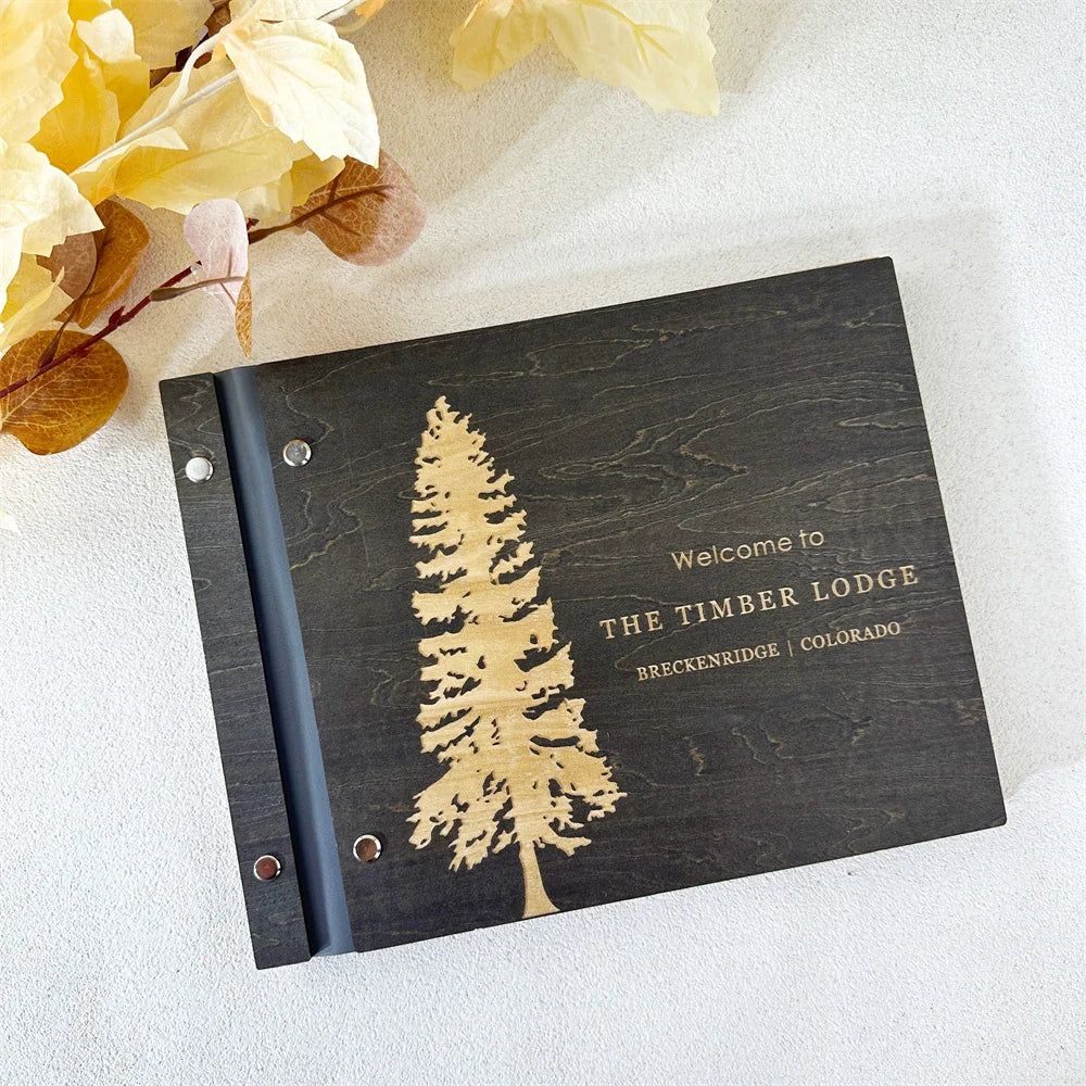 Custom Guest House Guest Book , Mountain Cabin Welcome Book, Personalized Rustic Lodge Or Hotel Wooden Signing Book,  Guest Log