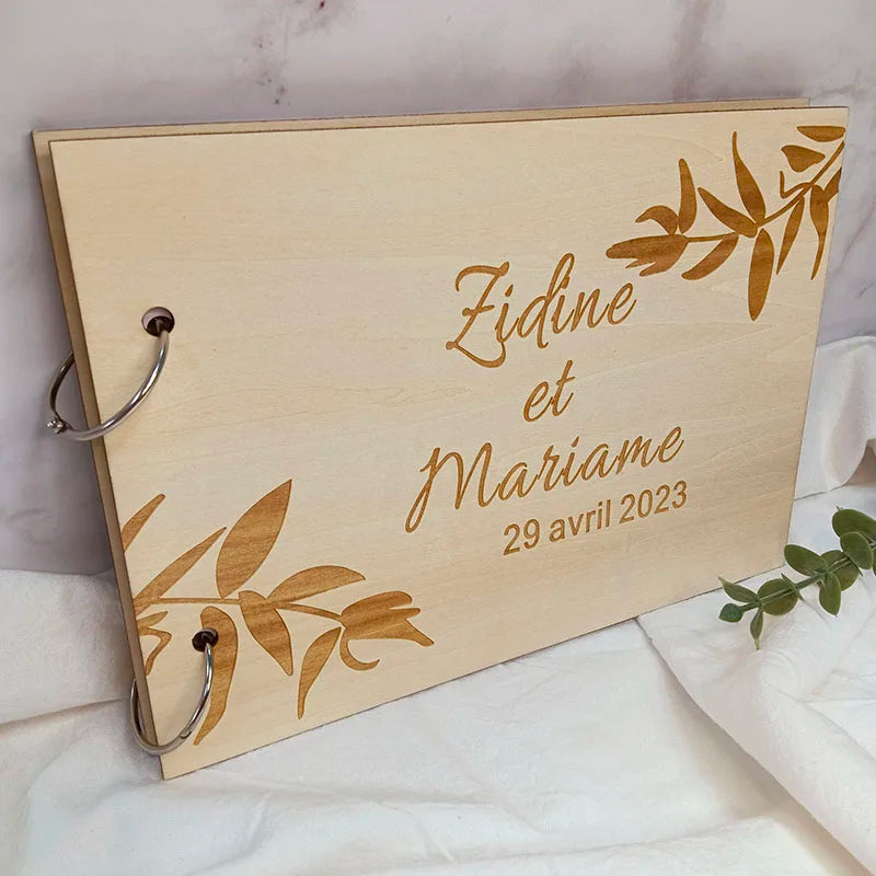 Personalised Engraved "Leaf Design" Wedding Guest Book, Custom Wooden Engagement Guest Book Bridal Favor Gift