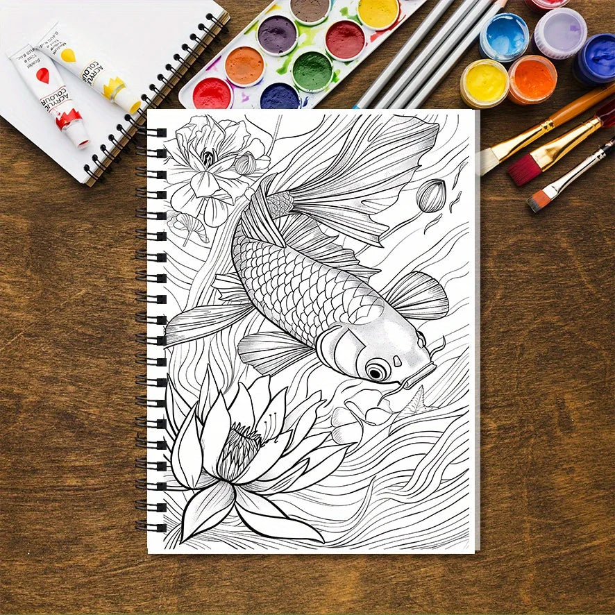 Koi Fish Adult Coloring Book - 8.3x11.2 inches 32 pages - Helps with relaxation and emotional well-being for teens and adults