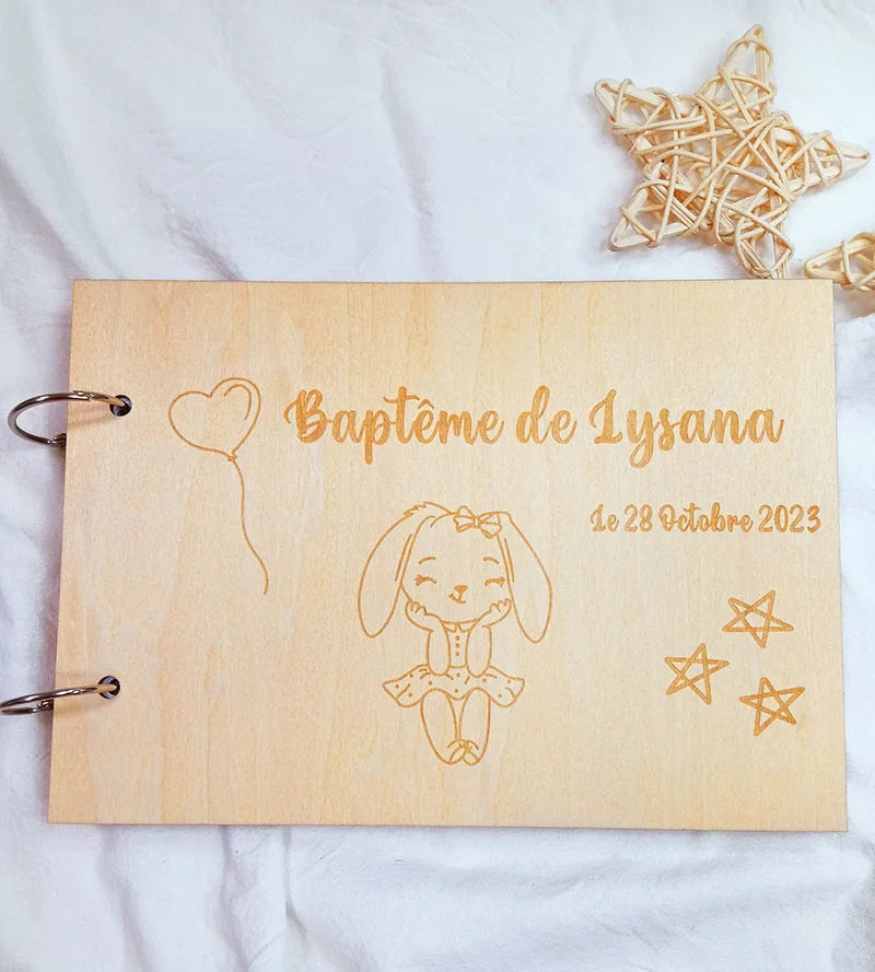 Customized Baby Baptism Guestbook，Wooden Guest Book，Personalized Baby Album，Growth Record Book，Gifts for Baby、Newborn，DIY Album
